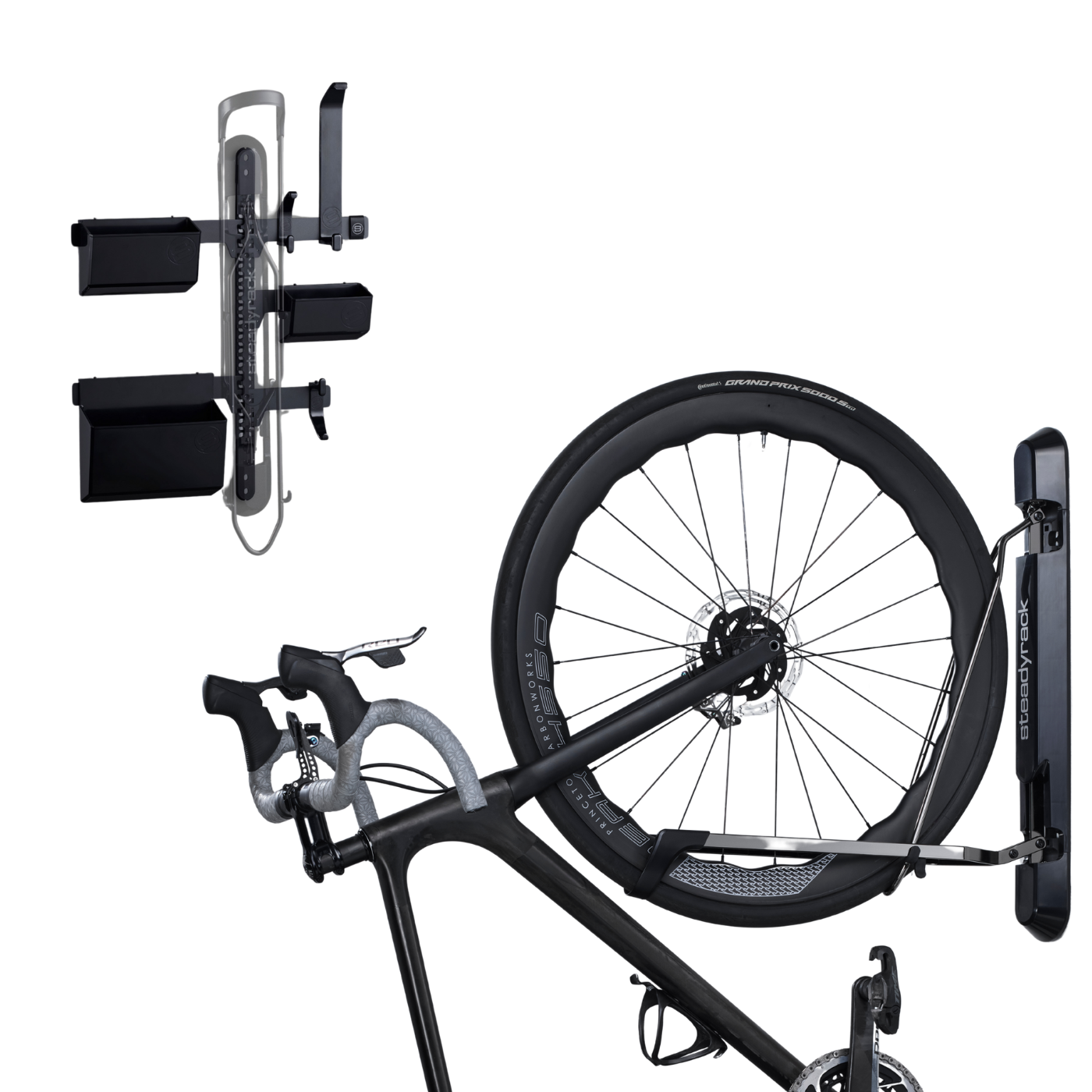 A road bike stored in a bike rack on a white background