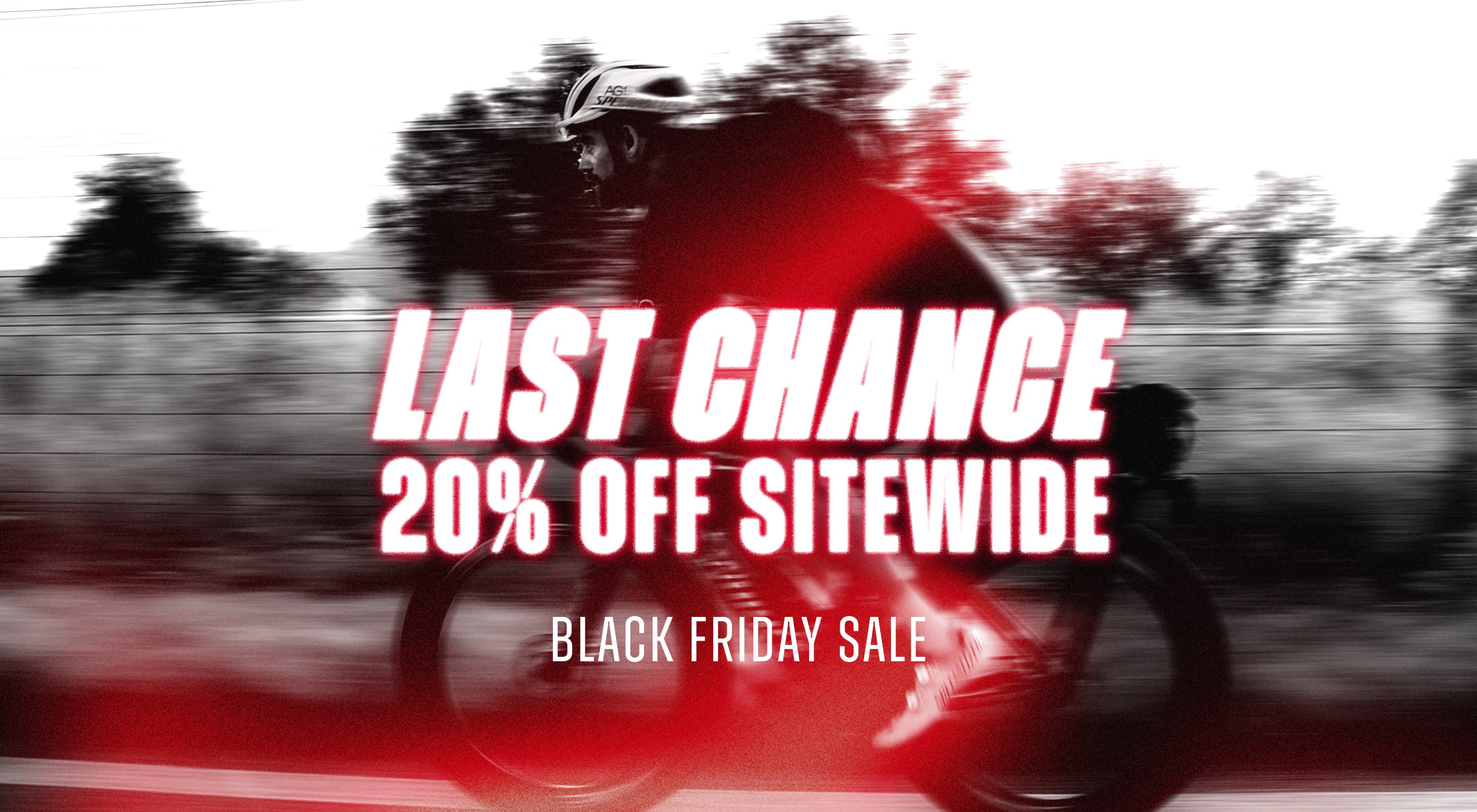Cyclist on a road with 'Last Chance 20% Off Sitewide Black Friday Sale' text overlay.