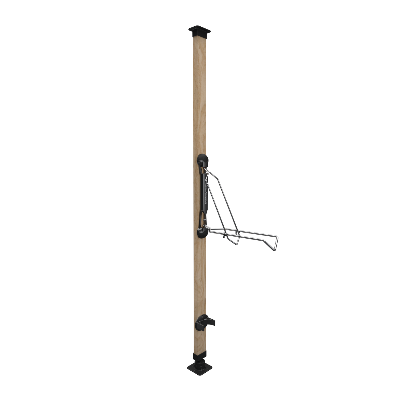 Wooden pole with metal brackets on a white background