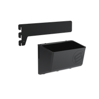 A black GearMate SteadyBin Small and a bracket for attaching it to a bike frame.